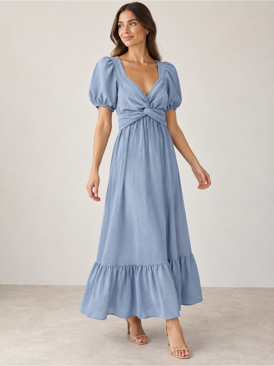 Astr Dresses & Skirts - Astr Light Blue Twist-Front Puff-Sleeve Maxi Dress